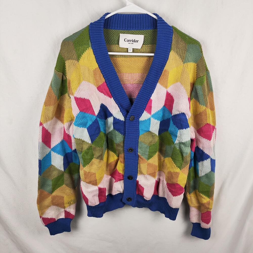 Corridor Cardigan Sweater Mens Large Multicolor Geometric V Neck Button Front